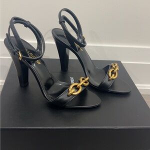 Saint Laurent Le Maillon 95 Chain Sandals Black Gold Heels
